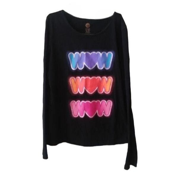 Total Girl XL 18½ Plus Long-Sleeve Black Shirt "WOW" Rainbow Heart Graphics - Picture 2 of 5